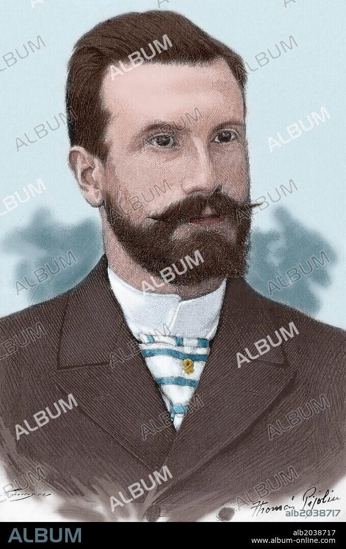 ALFREDO BRAÑAS MENENDEZ (1859-1900). Escritor e ideólogo del regionalismo gallego. Grabado coloreado de "La Ilustració Catalana", 1882.