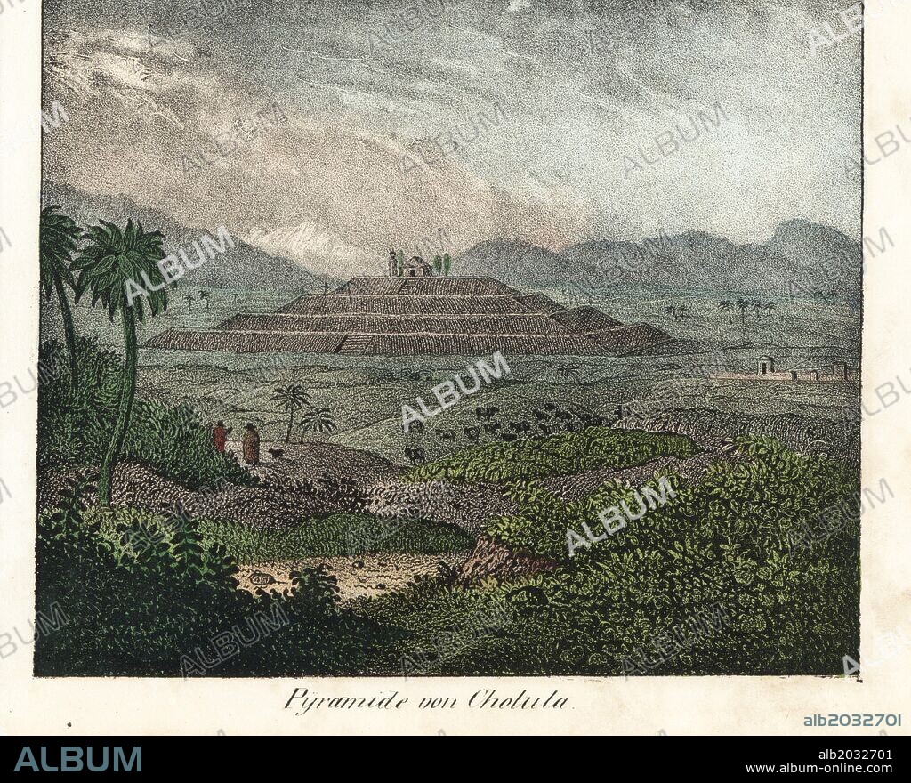 Great Pyramid of Cholula or Tlachihualtepetl dedicated to the god Quetzalcoatl in Mexico. Handcoloured lithograph from Friedrich Wilhelm Goedsche's "Vollstaendige Völkergallerie in getreuen Abbildungen" (Complete Gallery of Peoples in True Pictures), Meissen, circa 1835-1840. Goedsche (1785-1863) was a German writer, bookseller and publisher in Meissen. Many of the illustrations were adapted from Bertuch's "Bilderbuch fur Kinder" and others.
