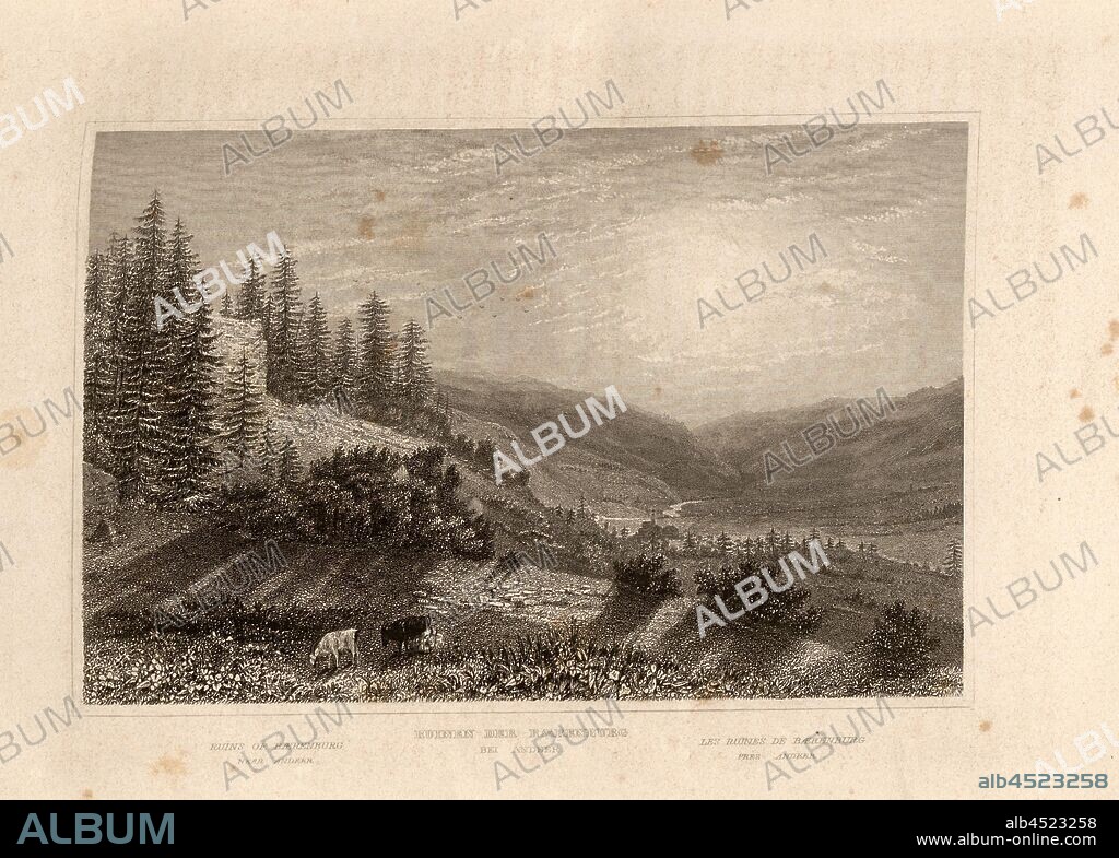 Ruins of Baerenburg near Andeer, View Burg Bärenburg near Andeer, after p. 11, p. 27, Müller, Adolph (gezeichnet); Winkles, Henry (gestochen), 1858, Heinrich Zschokke: Die Schweiz in ihren klassischen Stellen und Hauptorten; mit 72 Originalansichten, gezeichnet von Adolph Müller, gestochen von Henry Winkles und den besten englischen Künstlern. Zweite durchgesehene und ergänzte Auflage. Stuttgart: Gebrüder Scheitlin; St. Gallen: Scheitlin & Zollikofer, 1858.