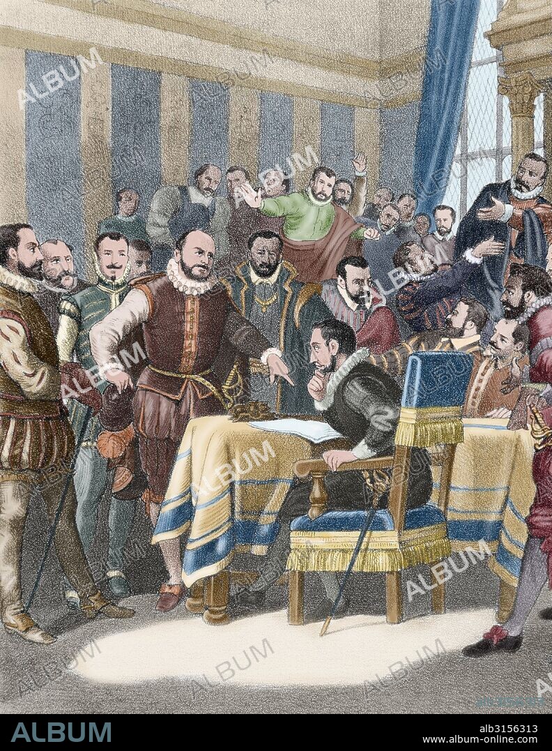 PRESENCIA ESPAÑOLA EN FLANDES BAJO EL REINADO DE FELIPE II. "COMPROMISO DE BREDA". Documento suscrito en 1566 por la nobleza flamenca a las autoridades españolas, en petición de libertades religiosas. La negativa de Felipe II provocó el levantamiento de los Paises Bajos. Grabado coloreado. "Historia de España ilustrada", por Rafael del Castillo, año 1871.