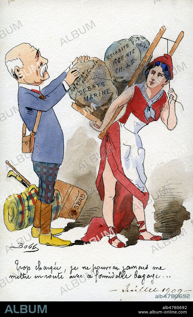 Georges CLEMENCEAU (1841-1929) et Marianne. Trop chargee, je ne pourrai jamais me mettre en route avec ce formidable bagage. Caricature de BOBB (ne en 1848) pour une carte postale de juillet 1909. Collection IM/Kharbine-Tapabor.