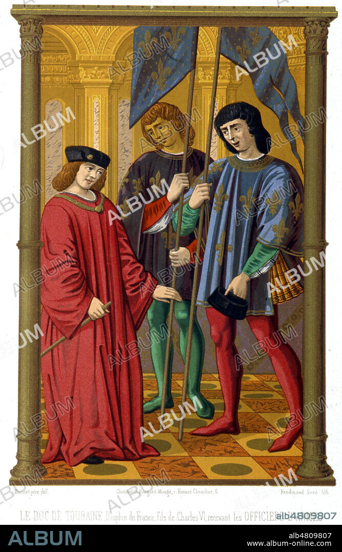 'Le Duc de Touraine, dauphin de France, fils de Charles VI, recevant les officiers d'armes' qui lui apportent la nouvelle de la mort de son pere. Illustration tiree des Arts Somptuaires en 1858. Credit : Collection KHARBINE-TAPABOR.