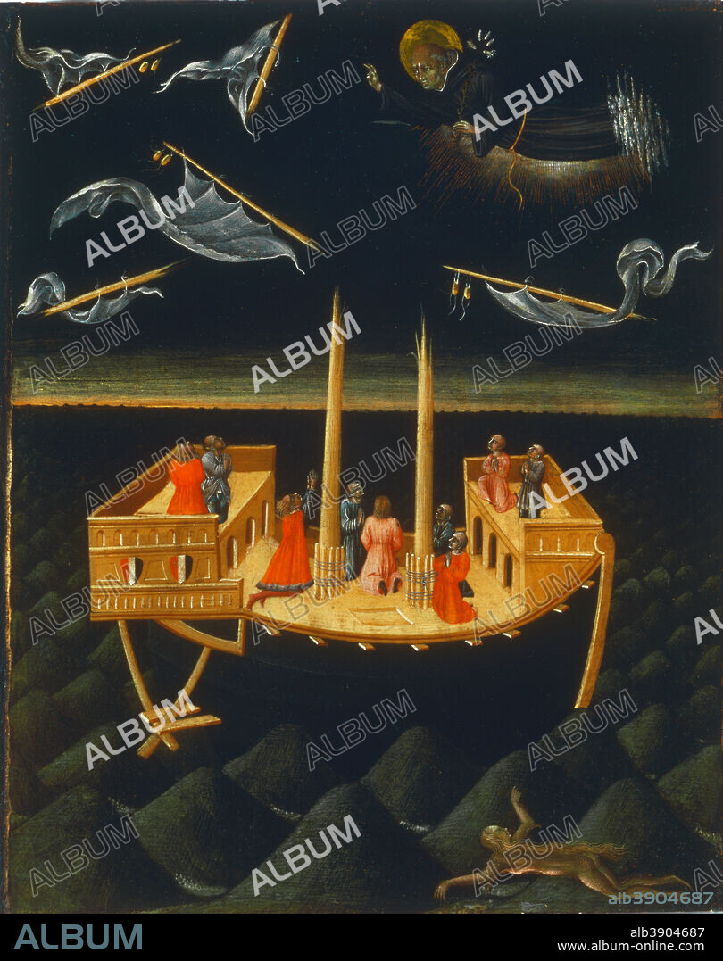 GIOVANNI DI PAOLO (GIOVANNI DI PAOLO DI GRAZIA). Saint Nicholas of Tolentino Saving a Shipwreck. Date/Period: 1457. Painting. Tempera and gold on panel with vertical grain Tempera and gold on panel with vertical grain. Height: 521.21 mm (20.52 in); Width: 422.40 mm (16.62 in).