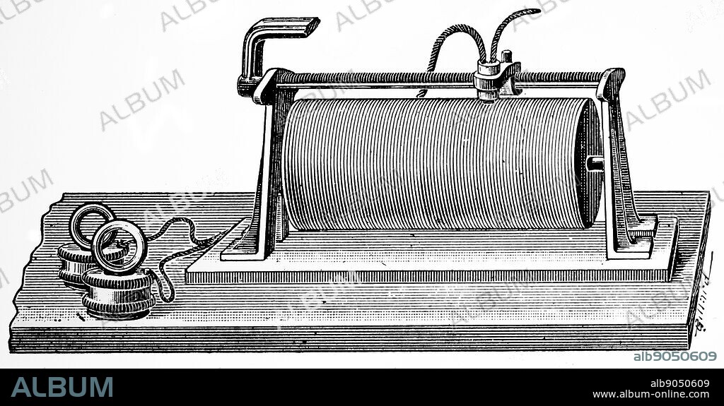 TELEGRAPHONE: magnetic recording tele phone invented by Valdemar Poulsen (1869-1942). He applied for a patent on 1 December 1898; and the instrument aroused great interest at the Paris Exposition of 1900. RIBBON TELEGRAPHONE: detail of thin steel ribbon mounted on pulleys.