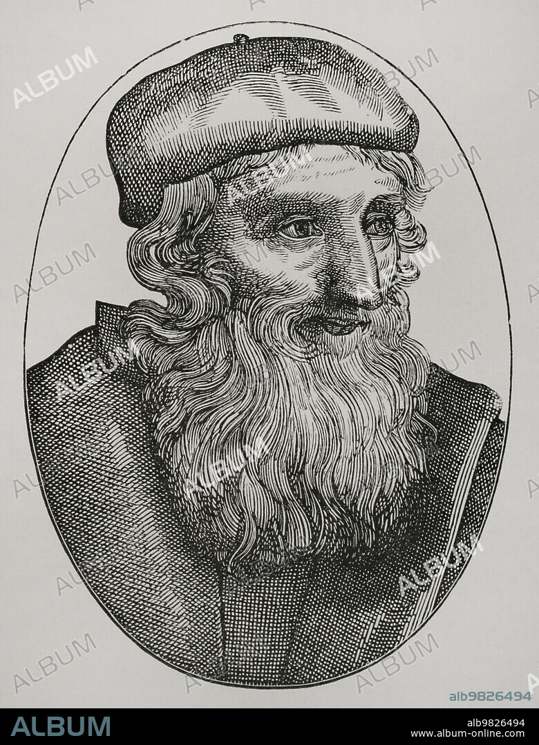 John Wyclif o Wycliffe (h. 1330-1384). Teólogo inglés. Fue condenado por atacar al Papa en el Gran Cisma de Occidente (1378). Tras su muerte, sus doctrinas serían aún condenadas en 1415 durante el Concilio de Constanza (1414-1418). En 1428 sus restos fueron exhumados y se hizo quemar su cadáver. Retrato. Facsímil del siglo XIX de un grabado del año 1581. "Vie Militaire et Religieuse au Moyen Age et à l'Epoque de la Reinasance" París, 1877.
