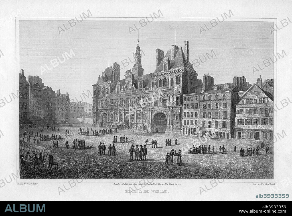 Hotel de Ville, Paris, France, 1820. The city hall of Paris, the Hotel de Ville was built in French Renaissance style between 1535 and 1628. It was destroyed by fire in 1871 during the Paris Commune, but was restored afterwards.