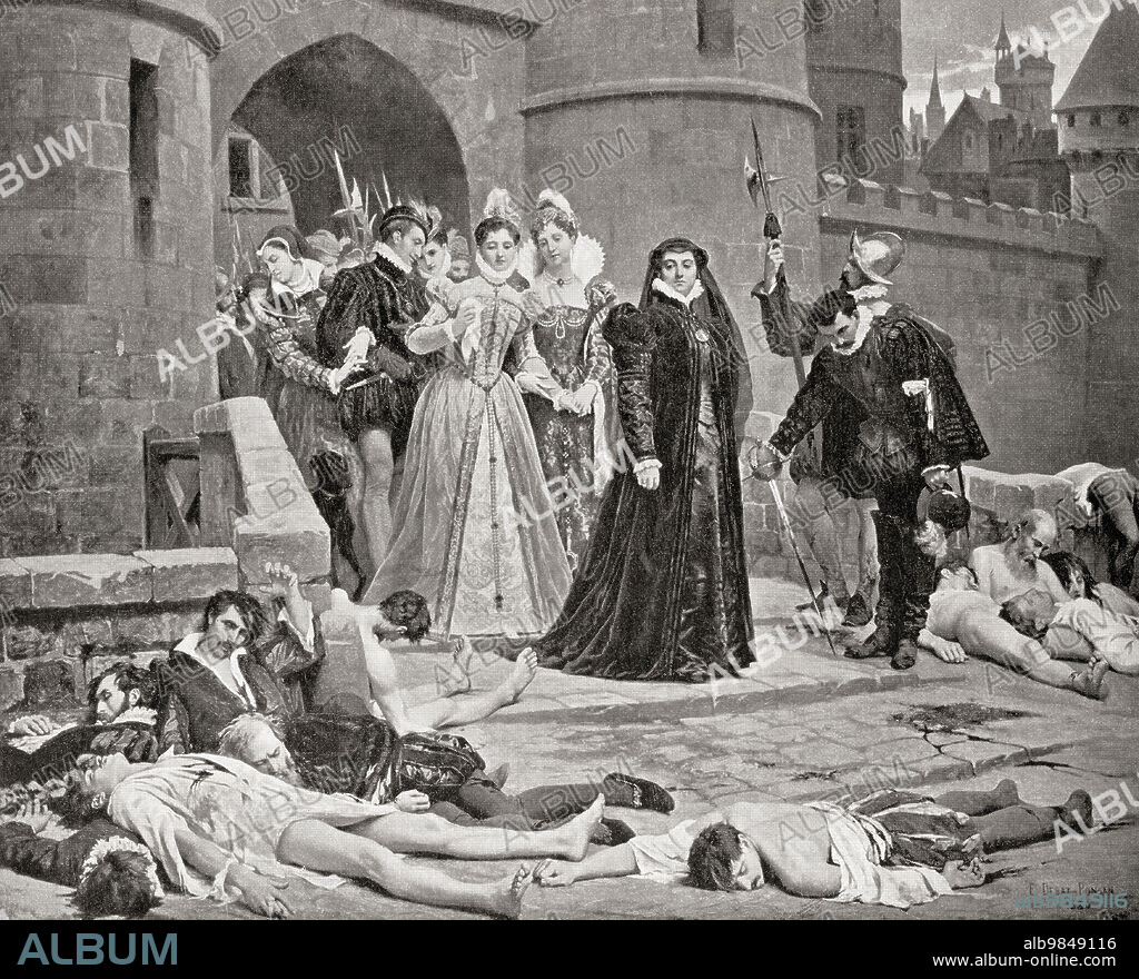 Catherine de' Medici sees victims of the The St. Bartholomew's Day massacre in 1572. A targeted group of assassinations and a wave of Catholic mob violence directed against the Huguenots during the French Wars of Religion believed to have been instigated by Catherine de' Medici. Catherine de' Medici,1519 Ã¢â‚¬â€œ1589. Italian noblewoman who was Queen of France as the wife of King Henry II. From Hutchinson's History of the Nations, published 1915.