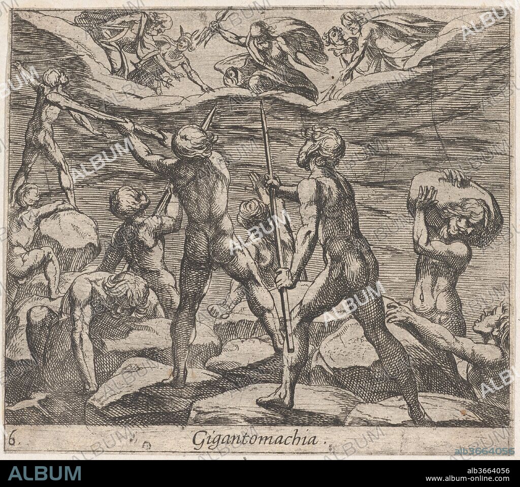 Plate 6: The Giants Attempting to Storm Olympus (Gigantomachia), from Ovid's 'Metamorphoses'. Artist: Antonio Tempesta (Italian, Florence 1555-1630 Rome). Dimensions: Sheet: 4 1/16 × 4 11/16 in. (10.3 × 11.9 cm). Date: 1606.