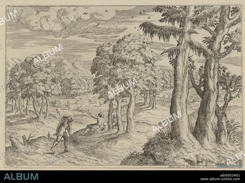 Landscape with hunters near a herd of deer, Landscapes after Titian (series title), Numbered lower right: 3., print maker: Moise Jean Baptiste Fouard, after design by: Titiaan, (mentioned on object), publisher: Pierre Mariette (II), (mentioned on object), Paris, c. 1663 - 1726, paper, etching, height 193 mm × width 282 mm.