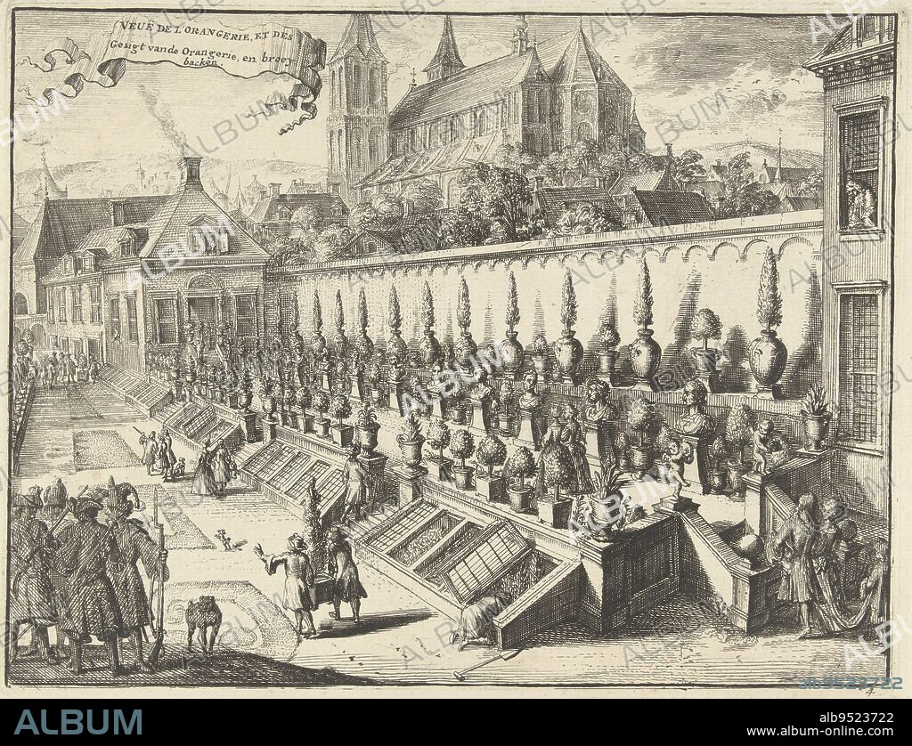 View of the orangery and greenhouses at the Prinsenhof in Kleve. In the background on the right is a church. This print is part of a series of eleven views of the Prinsenhof and its pleasure garden at Cleves, Orangery and greenhouses at Cleves Veu de l'Orangerie, et des, Gesigt van de Orangerie, en broey backen Prinsenhof en lusthof te Kleve , print maker: Romeyn de Hooghe, Romeyn de Hooghe, Haarlem, 1685 - 1695, paper, etching, h 206 mm × w 268 mm.