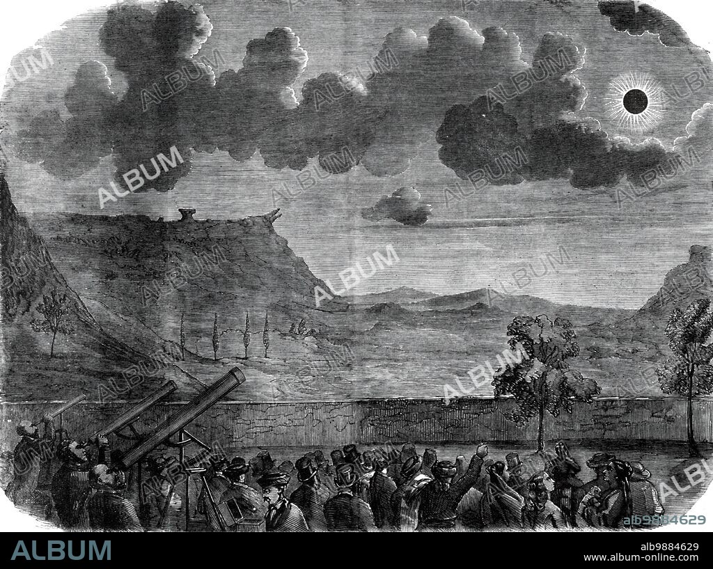 The Eclipse of the Sun on July 18 in Spain - the eclipse at Aguilar - from a sketch by our special artist, 1860. 'The landscape, or that part of it close to us, was of a dark olive green; the distant portion and hills were of a well-defined purple. The outline of the hills in front, including the opposite rock (known by the name of the Anvil), was perfectly defined, projected as they were on a bright yellow sky, the colour of which was altogether different from the golden tint of sunset, being lighter and whiter, and far more splendid...Above this yellow horizon the clouds appeared more grave, but equally surprising. The heavy cumuli clouds which had been so disastrous to us for the view of the totality were now so splendid that we unconsciously forgot our misfortune. Various shades of purple made their appearance, and they seemed, but for the circumstance of their colour, as clouds of dark and dense smoke projected on the clear sky. Two stars were seen between the interstices of the clouds. The silence of the assembled crowd, their upturned and apparently livid countenances, the darkness, which seemed unnatural - all those circumstances combined during the three eventful moments of total obscurity was a sight never to be forgotten'. From "Illustrated London News", 1860.