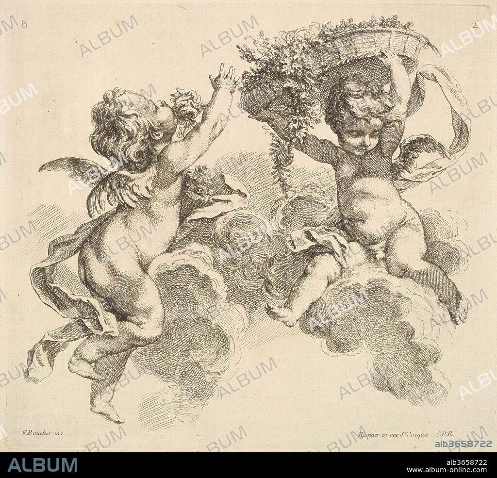 Two Children, One Holding a Basket with Flowers. Artist: After François Boucher (French, Paris 1703-1770 Paris); Gabriel Huquier (French, Orléans 1695-1772 Paris). Dimensions: Sheet: 11 7/8 × 17 11/16 in. (30.2 × 45 cm)
Plate: 9 5/8 × 10 5/8 in. (24.5 × 27 cm). Series/Portfolio: Second Book of Groups of Children
(Second Livre de Groupes d'Enfans). Date: 1738-45.