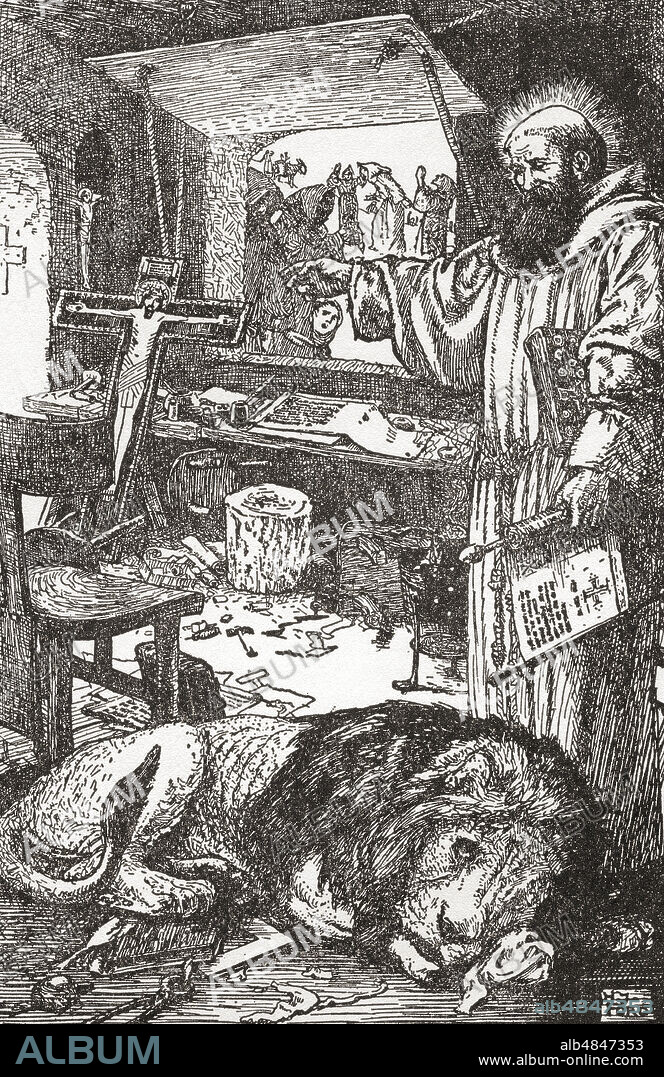 St. Jerome with the lion.  Hagiographical belief tells that Jerome had tamed a lion in the wilderness by healing its paw.  Jerome, aka Saint Jerome, c. 347 â€“ 420. Latin Christian priest, confessor, theologian, and historian.  From The Book of Saints and H.