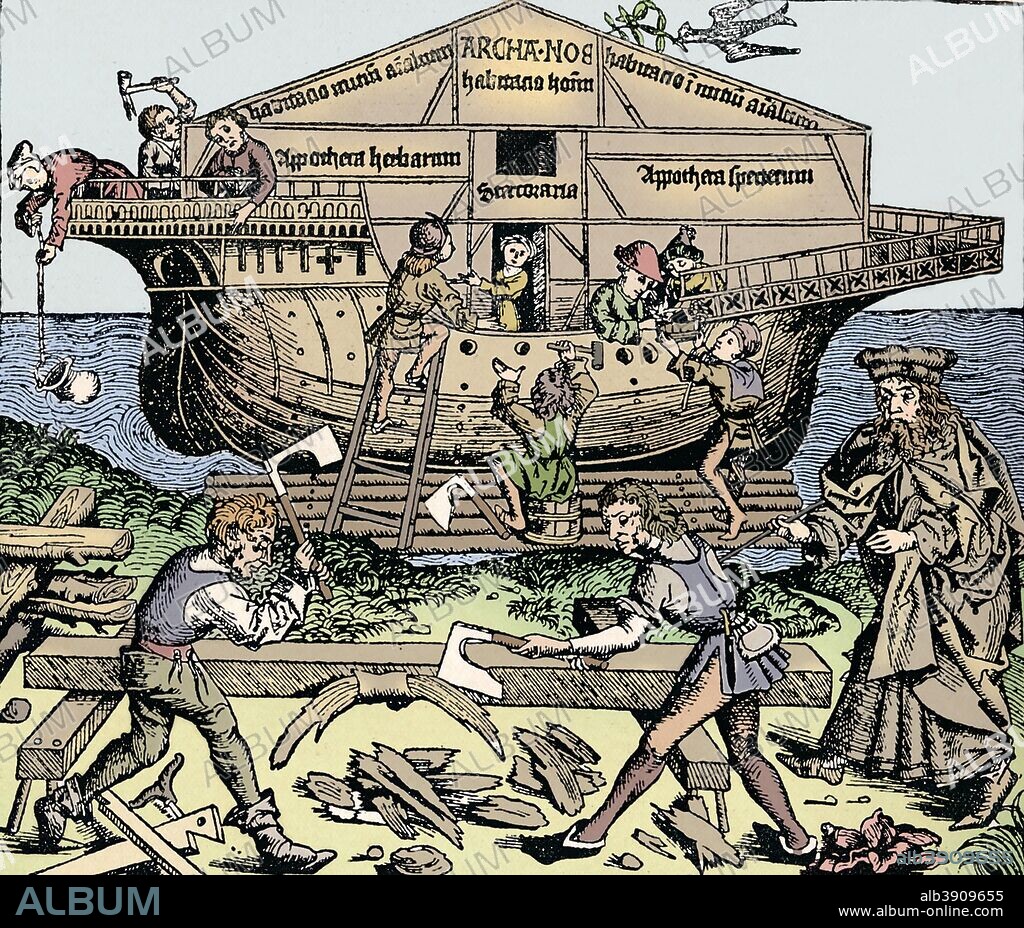 The Building of the Ark Superintended by Noah, 1493. After an original illustration from Hartmann Schedel's (1440 -1514), 'Nuremberg Chronicle'. Also known as the 'Liber Chronicarum'. From The Connoisseur Vol. V by [Otto Limited, London, 1903]. (Colorised black and white print).
