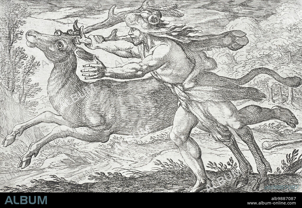 ANTONIO TEMPESTA y NICOLAUS VAN AELST. Hercules and the Hind of Mount Cerynea, 1608. From The Labors of Hercules, pl. 6. Hercules strides alongside the hind and grasps the base of one antler with his right hand.