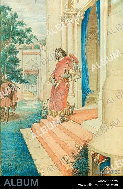 Wolfram von Eschenbach; c. 1170-1220. Works: Parzival. Parzival leaves the Grailcastle. Watercolour, 1884, by Edward Jakob von Steinle (1810-1886). 3rd picture in the "Parzival-Series". Pencil, watercolour and opaque colours on paper, on canvas, 68.5 × 48.4 cm. Munich, Neue Pinakothek.