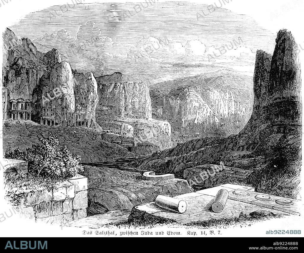 The Salt Valley between Judah and Edom, landscape, mountains, city of Sela, dispute, Jaktheel, Edomites, ten thousand fallen, death, valley, Bible, Old Testament, Second Book of Kings, chapter 14, verse 7, historical illustration c. 1850, Near East