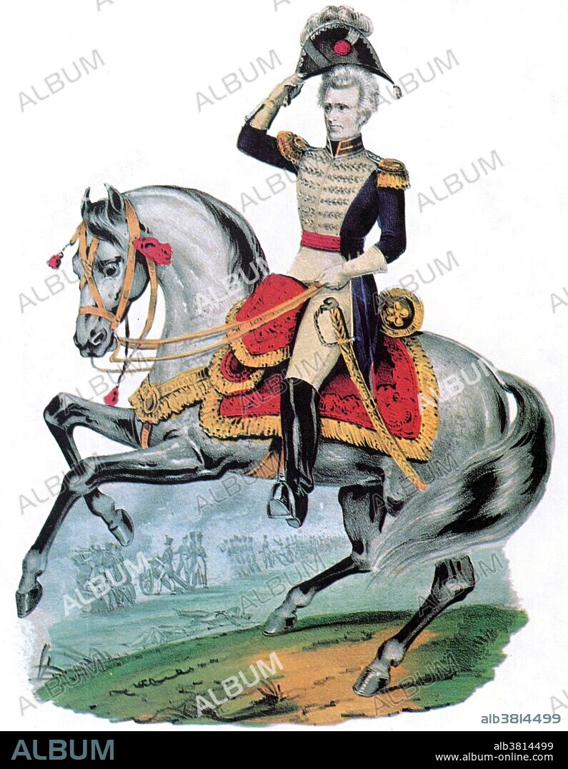 Lithograph entitled: "General Andrew Jackson, the hero of New Orleans." The Battle of New Orleans was the final major battle of the War of 1812. Andrew Jackson (March 15, 1767 - June 8, 1845) was the seventh President of the United States (1829-37). He was a politician and army general who defeated the Creek Indians at the Battle of Horseshoe Bend (1814), and the British at the Battle of New Orleans (1815). A polarizing figure who dominated the Second Party System in the 1820s and 1830s. As president he destroyed the national bank and relocated most Indian tribes from the Southeast to west of the Mississippi River. His enthusiastic followers created the modern Democratic Party. He supported a small and limited federal government. He strengthened the power of the presidency, which he saw as spokesman for the entire population. Jackson was nicknamed "Old Hickory" because of his toughness and aggressive personality; he fought in duels, some fatal to his opponents. He died in 1845, at the age of 78, of chronic tuberculosis, dropsy, and heart failure. His portrait appears on the US $20 dollar bill.