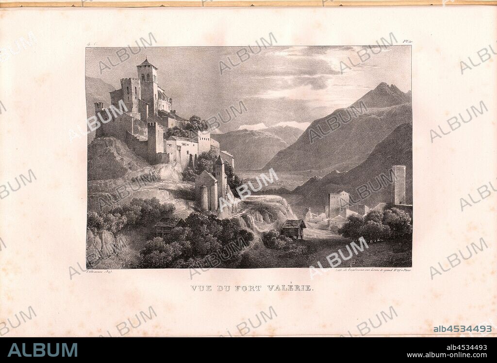 View of Fort Valèrie, Valeria Castle in Sion, signed: Villeneuve, Engelmann, lithograph, pl. 20 (vol. 1, part 4), Villeneuve, M.; Engelmann, Godefroy (lith.), 1827, Hilaire Léon Sazerac, Godefroy Engelmann: Lettres sur la Suisse (...). Paris: [s.n.], 1823-1832.