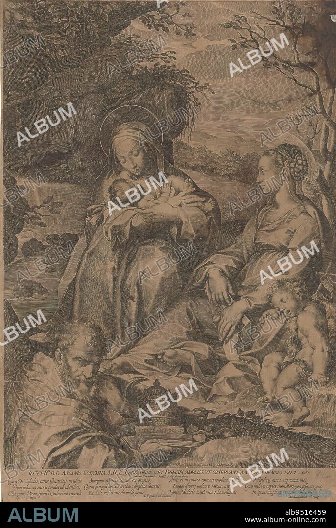 Saint Catherine of Siena with the Christ Child, Mary, a sleeping John the Baptist and a pope, print maker: Philippe Thomassin, (mentioned on object), after design by: Francesco Vanni, (mentioned on object), publisher: Jean Turpin, (mentioned on object), print maker: Rome, after design by: Rome, publisher: Rome, Vaticaanstad, Italy, 1597, paper, engraving, height 466 mm × width 313 mm.