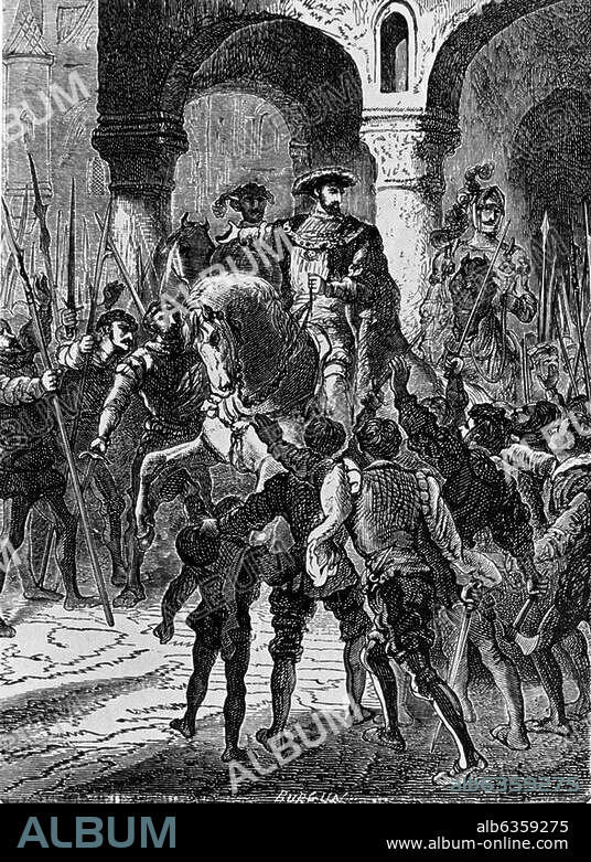 François Ier, roi de France (1515-47) . Cognac 12.9.1494 - Rambouillet 31.3.1547. - "Entrée de François Ier à Paris". Grav. sur bois, 1875.