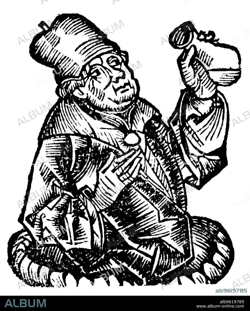 Avicenna (Ibn Sina) (980-1037), Arab physician and philosopher, 1493. An interpreter of Aristotle to Islam, Avicenna compiled an encyclopaedia of medical knowledge. He is seen here performing an uroscopy, the practice of diagnosing illnesses by a visual examination of a sample of urine. From Liber chronicarum mundi (Nuremberg Chronicle) by Hartmann Schedel. (Nuremberg, 1493).