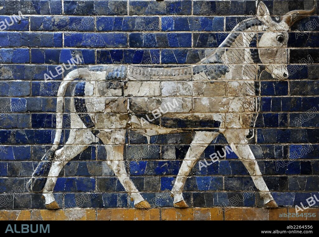 ARTE MESOPOTAMICO. NEOBABILONICO. PUERTA DE ISHTAR DE BABILONIA. (s. VI a. C.). Originalmente era una de las ocho puertas monumentales de la muralla interior de Babilonia. Fue construida en el año 575 a. C. durante el reinado de NABUCODONOSOR II (604-562 a. C.) con ladrillos de adobe de color azul. Reconstruida en 1930. Detalle de un TORO. Museo Arqueológico. Estambul. Turquía.