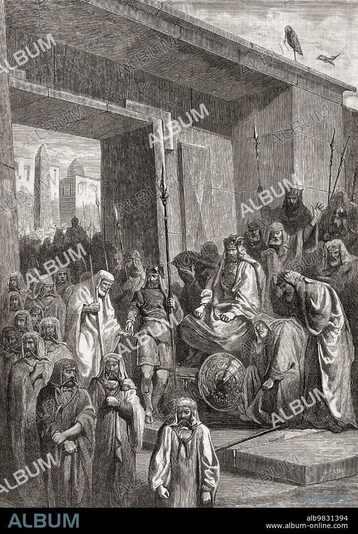 The meeting between Psamtik III and Cambyses. Psamtik III aka Psammetichus, last Pharaoh of the Twenty-sixth Dynasty of Egypt. King Cambyses II of Persia. Psamtik had ruled Egypt for only six months before Cambyses II and his army invaded Egypt. He was subsequently defeated at the Battle of Pelusium in 525 BC, and fled to Memphis where he was captured. From Cassell's Universal History, published 1888.