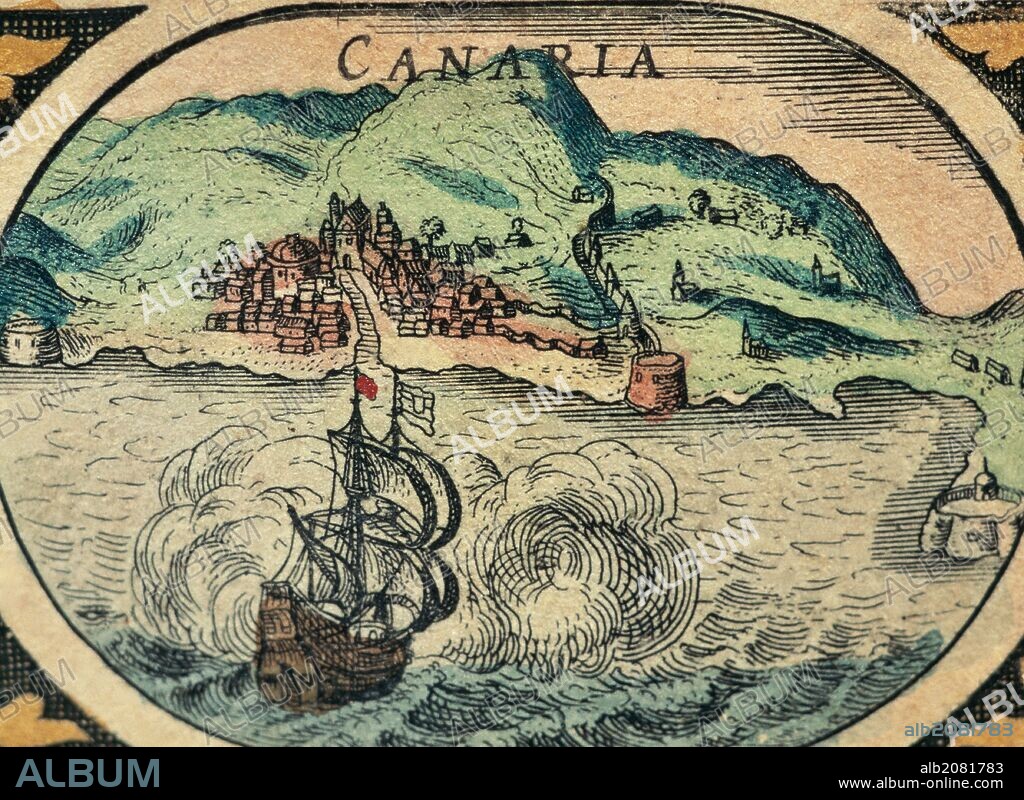 ISLAS CANARIAS. SIGLO XVII. Los europeos establecieron contacto con el archipiélago en el siglo XIV. Con el cambio de siglo se inició la conquista ya en el año 1402. En el siglo XVI siguió la completa colonización del territorio. Grabado holandés del año 1645.