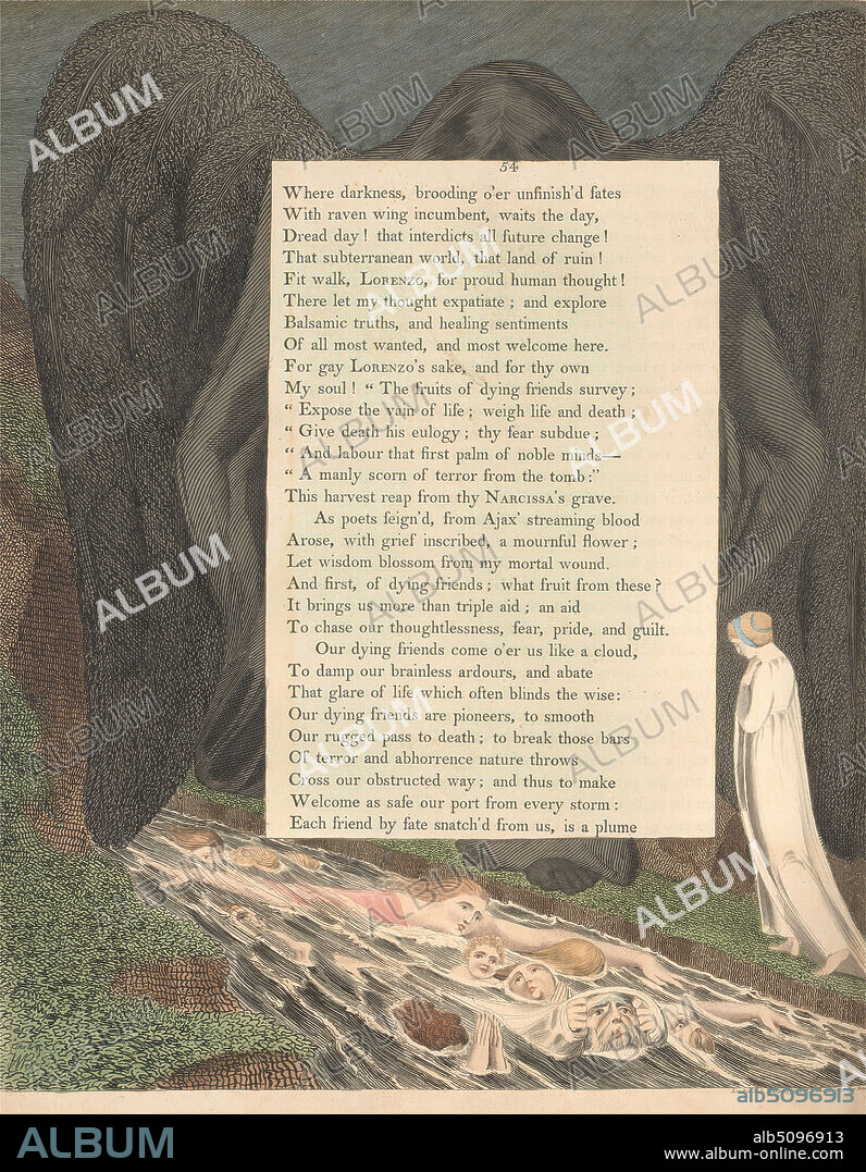 Young's Night Thoughts, Page 54, 'The Vale of Death! That Hush'd Cimmerian Vale', Print made by William Blake, 17571827, British, 1797, Etching and line engraving with watercolor on moderately thick, slightly textured, cream wove paper, Spine: 17 1/2 inches (44.5 cm), Sheet: 16 3/4 x 12 3/4 inches (42.5 x 32.4 cm), and Plate: 15 1/2 x 12 3/4 inches (39.4 x 32.4 cm), child, children, feathers, grass, literary theme, men, religious and mythological subject, river, river banks, water, wings, women.