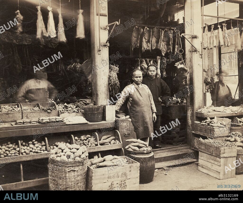 San Francisco, California:  c. 1885 A Chinese butcher and grocery store.
