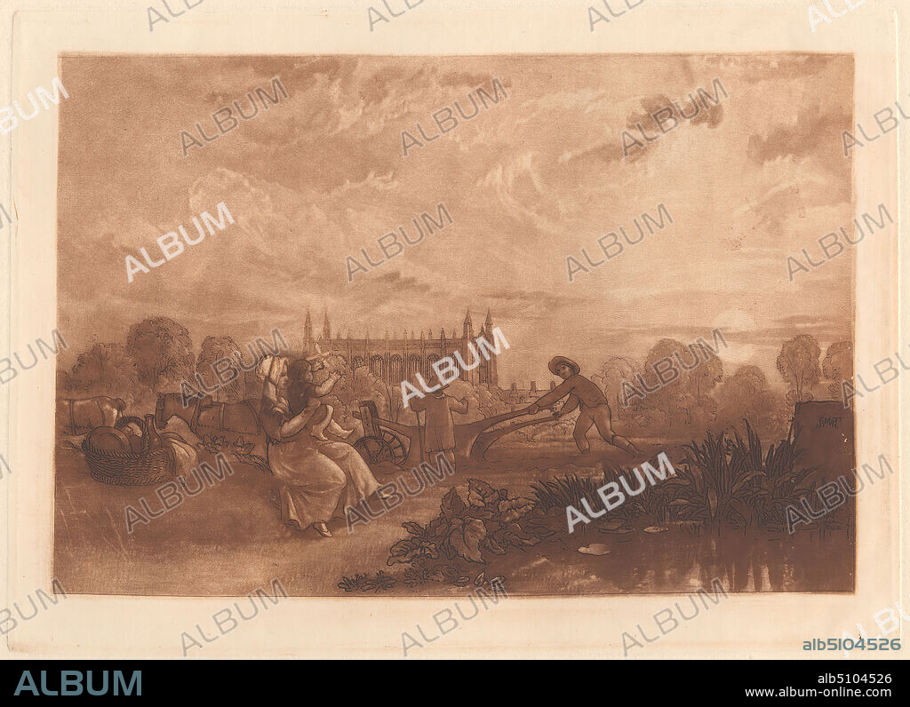 Ploughing, Eton, Etched by Joseph Mallord William Turner, 17751851, British, Engraved by Thomas Goff Lupton, 17911873, British, after Joseph Mallord William Turner, 17751851, British, 1818, Etching and mezzotint, printed in brown ink Second plate, reprinted for Rawlinson on medium, slightly textured, cream wove paper, Sheet: 11 1/2 × 16 5/8 inches (29.2 × 42.2 cm), Plate: 8 3/8 × 11 1/2 inches (21.3 × 29.2 cm), and Image: 7 × 10 3/8 inches (17.8 × 26.4 cm).