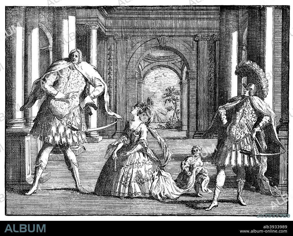 'Berenstat, Cuzzoni and Senesino' c1725. The Italian opera singers Gaetano Berenstadt (c1687-1735), Francesca Cuzzoni Sandoni (1700-1770) and Francesco Bernardi, known as 'Senesino' (c1686-1758) performing Handel's opera 'Flavio'. Berenstadt and Senesino were 'castrati' - male singers who were castrated before puberty in order to maintain a high singing voice. Illustration from Social Caricature in the Eighteenth Century ... With over two hundred illustrations by George Paston [pseudonym of Emily Morse Symonds], (London, 1905).