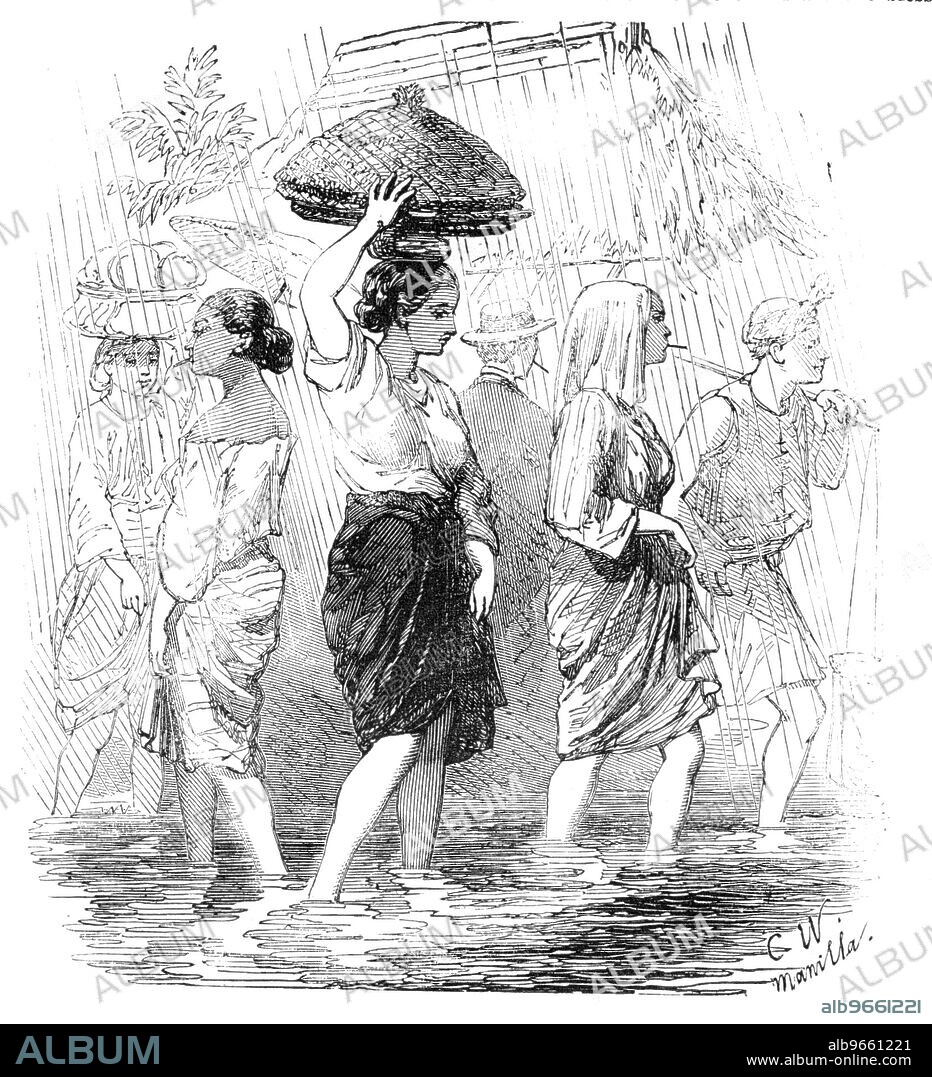 C. W.. The Rainy Season, Manilla, 1857. Street scene in the Philippines. 'The rain has suggested a little Sketch of the charms of this moist season, our streets being generally flooded in the morning...It is raining in the most frightful manner - the noise of ten thousand waterfalls...'. From "Illustrated London News", 1857.