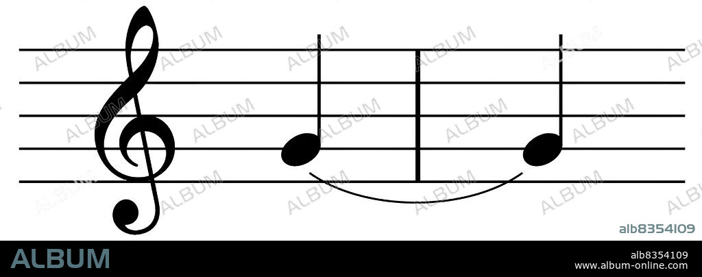 Curved line indicating that two or more notes on the same pitch are to be played or sung as a single lengthened note.
