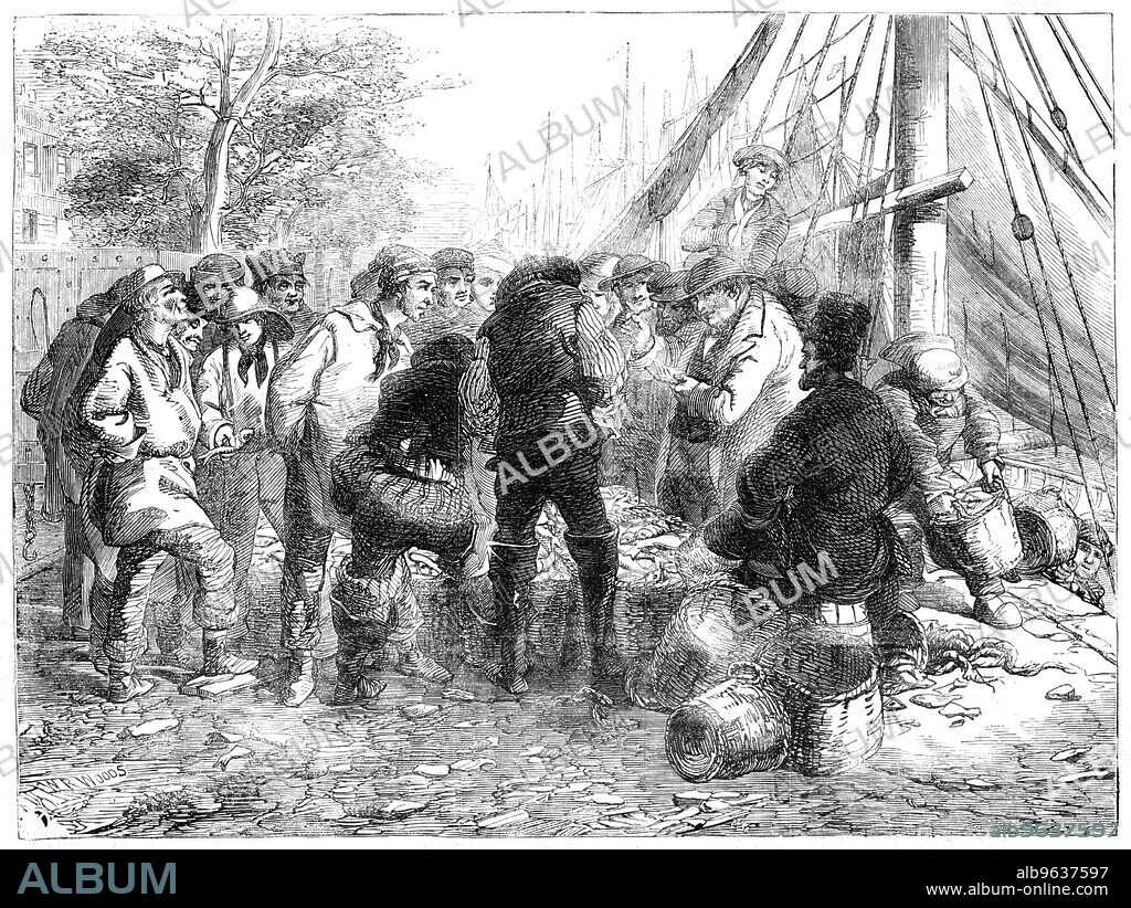 WALTER RAY WOODS. Sale of Herrings, on the Quay, Great Yarmouth, 1856. Selling fish in East Anglia: '...the boats go southward as far as the mouth of the Thames and the South Foreland. Herrings also frequent a part opposite Yarmouth called the Head; and a place known....as the Brown Bank, on the Dutch coast. There is also a smaller sort of herring caught at Yarmouth, by boats nearer the shore; they are of good quality, and are called "long shores," or "alongshore herrings." When the fishery is near home, great numbers of boats depart from the shore at sunset to set their nets, returning in the morning to dispose of their cargoes. The beach at such times presents a very picturesque appearance, and when, seen from the platform of the Jetty, from which a view of the whole business of the herring-boats may be commanded, exhibits a scene of an exceedingly animated and bustling description'. From "Illustrated London News", 1856.