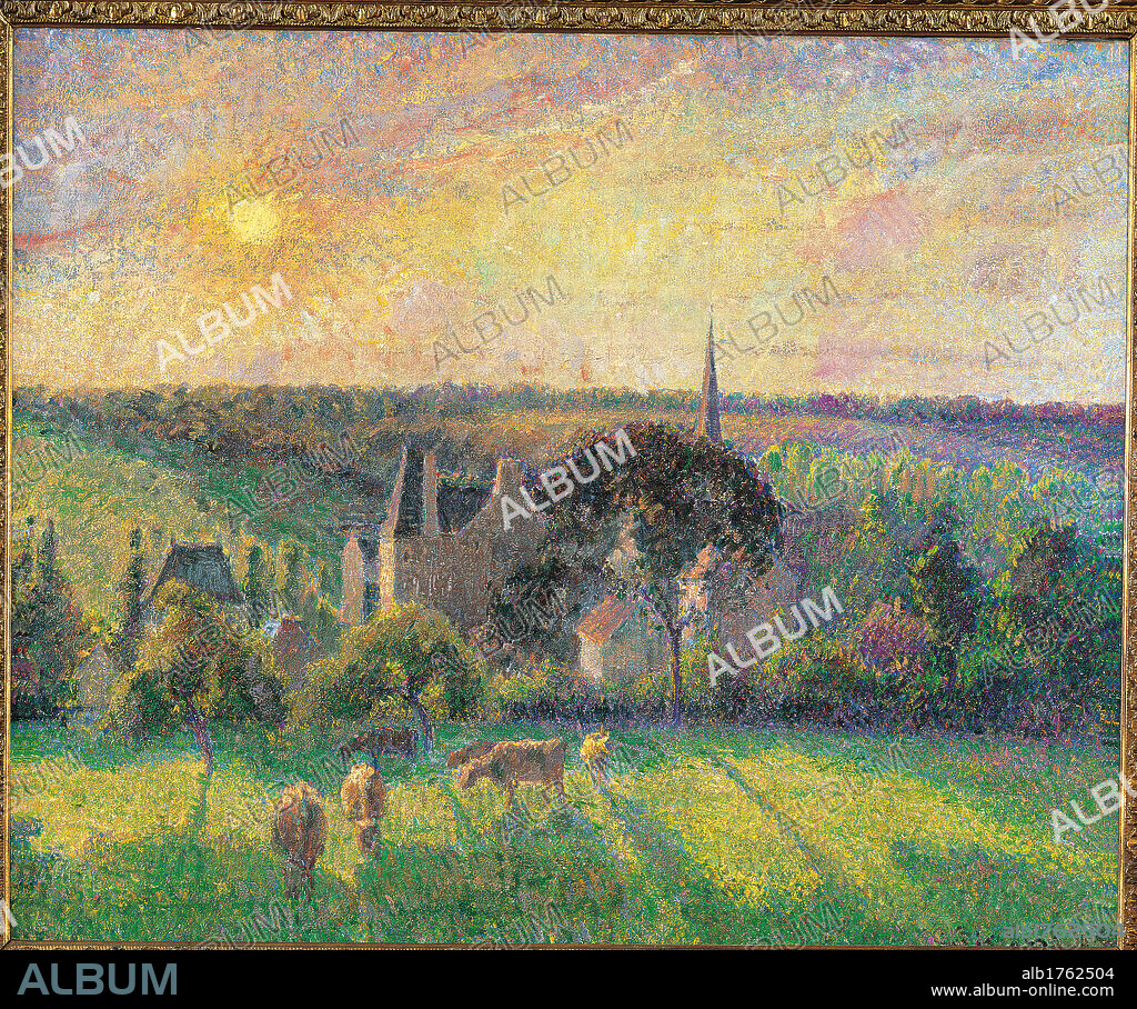 Landscape at Eragny with Church and Farm, by Camille Pissarro, 1895 about, 19th Century, oil on canvas, cm 60 x 73,4. France, Ile de France, Paris, Muse dOrsay, RF1937-59. All. Landscape church farm Eragny trees bell tower green garden field cow.