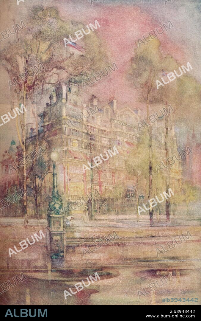 Savoy Hotel, London, c1905. The Savoy Hotel as seen from the River Thames. One of London's most luxurious hotels, the Savoy was opened by Richard d'Oyly Carte, owner of the nearby Savoy Theatre, in 1889. From The Connoisseur 1905 [Otto Limited, London, 1905.].