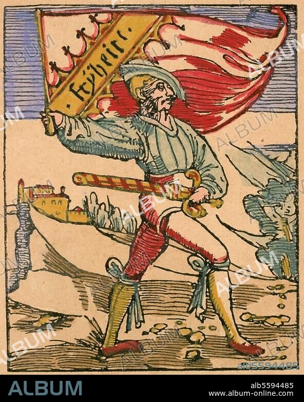 ANONYMOUS. Reformation and Peasants' Revolt:. The three flags, Gospel, Truth and Freedom, allegedly stolen by Luther: Page 3: "Freedom". Woodcut (coloured). From: Thomas Murner, Von dem grossen Lutherischen Narren, (Of the great Lutheran Fools), Strasburg 1522.