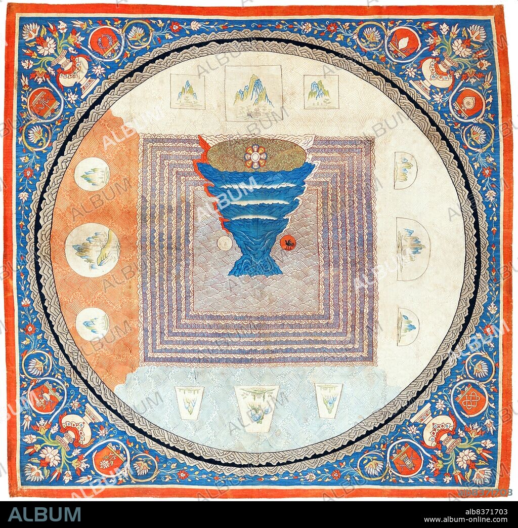 The elaborate tapestry-woven mandala illustrates Indo-Himalayan imagery introduced to China along with the advent of Buddhism. At the centre is the mythological Mount Meru, represented by an inverted pyramid topped by a lotus, a Buddhist symbol of purity. Traditional Chinese images for the sun (a three-legged bird) and moon (a rabbit) appear at the mountains base.<br/><br/> . The landscape vignettes at the cardinal directions represent the four continents of Indian mythology but follow the artistic conventions of Chinese-style landscapes. The floral border, with the four vases in the four corners, parallels the imagery of central Tibet, particularly monasteries with ties to the Yuan court in Beijing.