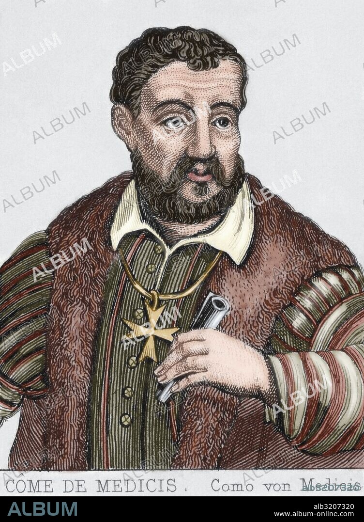 COSME I DE MEDICI (Florencia, 1519-Villa di Castello, 1574). II Duque de Florencia (1537-1569) y I Gran Duque de Toscana (1569-1574). Casado con Leonor de Toledo, hija del virrey de Nápoles, con lo que se vinculó con la política española. En 1555 conquistó Siena, convirtiéndose en duque de la ciudad y concluyendo así un largo proceso de unificación de la Toscana. Fue nombrado gran duque por el Papa Pío V (1569). Grabado del siglo XIX. Coloreado.