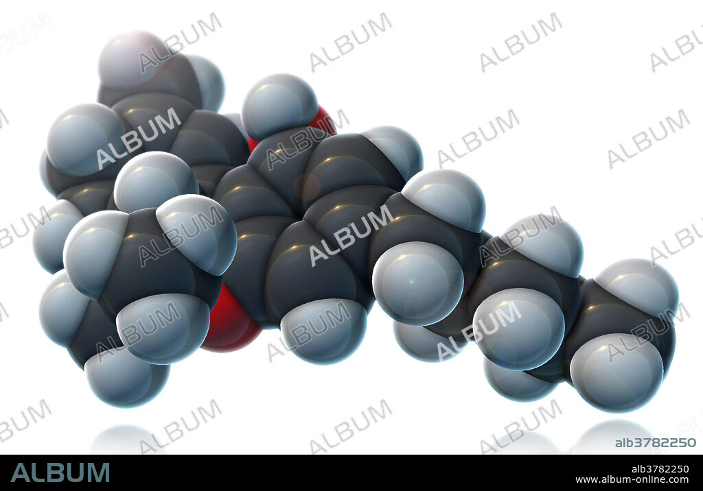 A molecular model of tetrahydrocannabinol (THC), a compound primarily responsible for the psychoactive effects of the cannabis plant. THC can be utilized as an analgesic or appetite stimulator for treating cancer and AIDS patients. However its prominent use as an illegal drug has prompted many studies involving its short and longer term side effects. Atoms are coloured dark gray (carbon), light gray (hydrogen) and red (oxygen).
