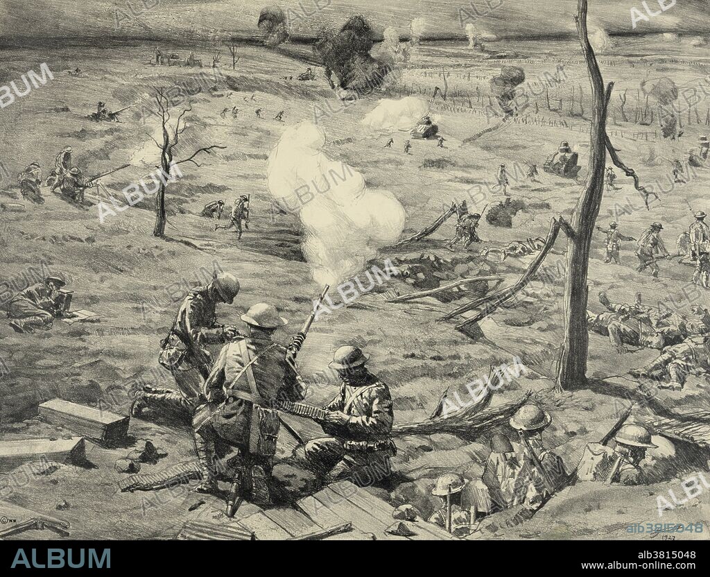 Entitled: Open attack at St. Mihiel. Sketch shows soldiers firing machine guns during a battle in France in World War I by Lucien Jonas. The Battle of Saint-Mihiel was fought between September 12-15, 1918, involving the American Expeditionary Forces and 48,000 French troops under the command of General John J. Pershing of the United States against German positions. The attack was part of a plan by Pershing in which he hoped that the U.S. would break through the German lines and capture the fortified city of Metz. The attack caught the Germans in the process of retreating. The American attack proved more successful than expected, but again demonstrated the critical role of artillery during WWI and the difficulty of supplying the massive armies while they were on the move. The U.S. attack faltered as artillery and food supplies were left behind on the muddy roads. The attack on Metz was not realized, as the Germans refortified their positions.