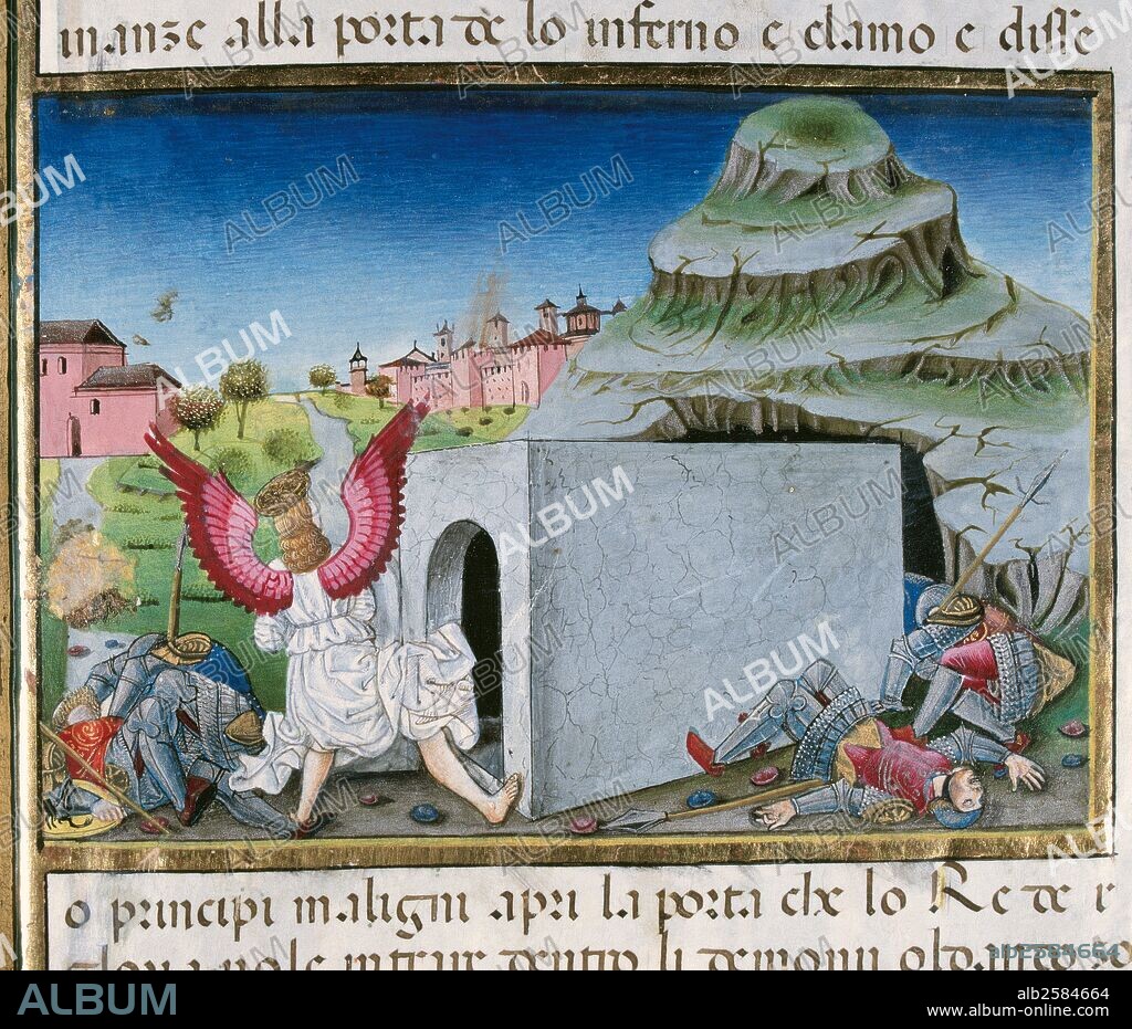 "UN ANGEL APARECE EN EL SEPULCRO DE JESUS Y ANUNCIA QUE CRISTO HA RESUCITADO COMO ESTABA PROMETIDO. LA GUARDIA DEL SEPULCRO CAE ASUSTADA POR ELLO". Página miniada del CODICE DE PREDIS. Renacimiento-Quattrocento (siglo XV). Biblioteca Real. Turín. Italia.