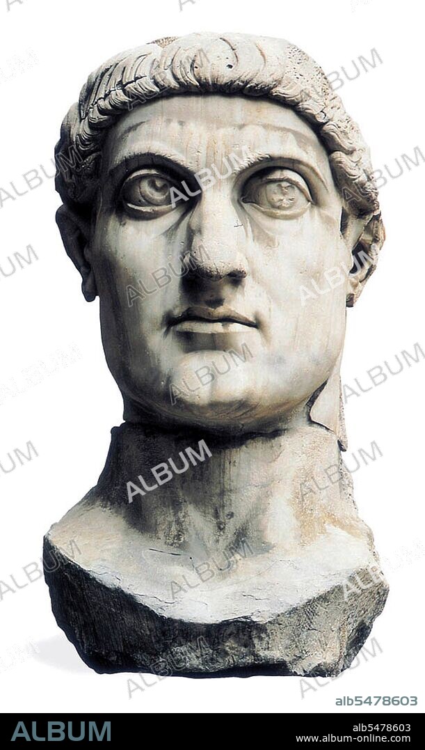 The Colossus of Constantine was a colossal acrolithic statue of the late Roman emperor Constantine the Great (c. 280–337) that once occupied the west apse of the Basilica of Maxentius near the Forum Romanum in Rome. Portions of the Colossus now reside in the Courtyard of the Palazzo dei Conservatori of the Musei Capitolini, on the Capitoline Hill, above the west end of the Forum. The great head, arms and legs of the Colossus were carved from white marble, while the rest of the body consisted of a brick core and wooden framework, possibly covered with gilded bronze. (Acrolithic means 'stone at the extremities'. ) Judging by the size of the remaining pieces, the seated, enthroned figure would have been about 12 m (40 ft) high. The head is about 2 ½ m high and each foot is over 2 m long.