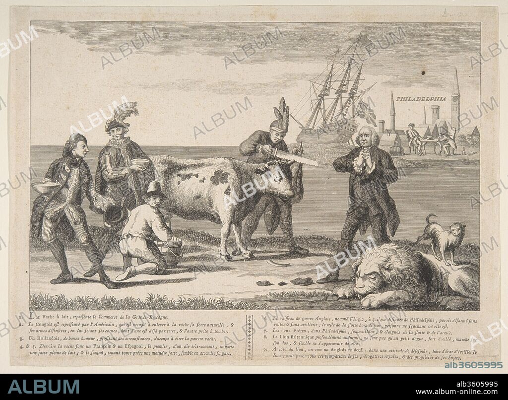 State of the English Nation. Artist: Anonymous, British, 18th century. Dimensions: image: 6 11/16 x 10 7/16 in. (17 x 26.5 cm)
sheet: 8 1/4 x 11 5/16 in. (21 x 28.7 cm). Date: ca. 1780.
This print copies one first published in the Westminster Magazine on March 1, 1778 as "A Picturesque View of the State of the Nation." Explanatory text is now in French and the imagery includes a cow (English commerce), whose horns are being sawn off by a Native American (the American Congress), and milked by a Dutchman who gives shares to a Frenchman and a Spaniard. The British lion sleeps while a Free Englishman wrings his hands. In the background General William Howe and Admiral Richard Howe sit near Philadelphia, with the latter's flag ship "The Eagle," beached and unready for action.