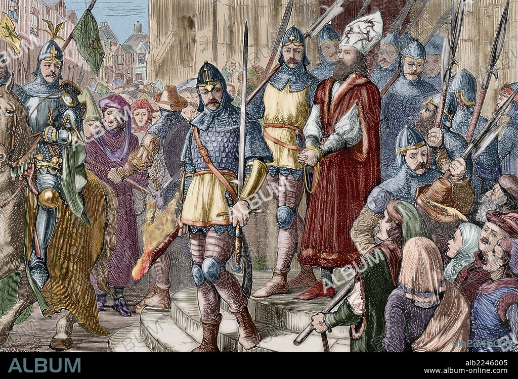 JERONIMO DE PRAGA (1360-1416). Predicador bohemio, seguidor de John Wycliffe y defensor de la tesis de Juan Hus. Defendió la tesis husita en distintos lugares de Europa, para finalmente presentarse junto a Hus ante el concilio de Constanza en Alemania, donde ambos fueron condenados a la hoguera por herejía. "Jerónimo de Praga marchando al suplicio". Grabado por C. D. Murray. "La Revolución Religiosa", año 1880. Coloreado.
