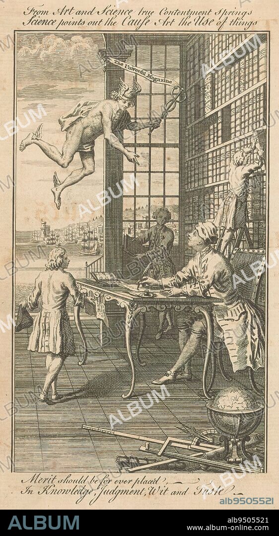 Mercury descends on a man in a study, Title page for: Universal magazine of knowledge and pleasure, 1747, A man sits behind a writing desk in a study. Above him hovers Mercury with the caduceus bearing the title of the magazine. In the foreground a globe and other measuring instruments, in the background a view of a harbor with ships., print maker: anonymous, publisher: John Hinton, London, 1747, paper, etching, engraving, height 194 mm × width 115 mm.