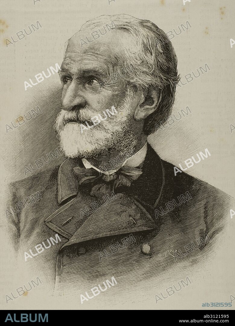 Giuseppe Verdi (1813-1901). Compositor romántico italiano de ópera. Retrato. Grabado por Rico. La Ilustración Española y Americana. Siglo XIX.