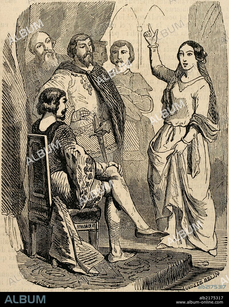 JUANA DE ARCO, Santa (Domrémy, 1412-Ruán, 1431), llamada "la Doncella de Orleans". Heroína francesa. Luchó contra los ingleses para entronizar al delfin, Carlos VII. Murió quemada en la hoguera en 1431. Fue beatificada en 1909 y canonizada en 1920. " Juana de Arco presentándose a Carlos VII". Grabado por A. Belin "Biblioteca Universal" Ediciones populares. Año 1851.